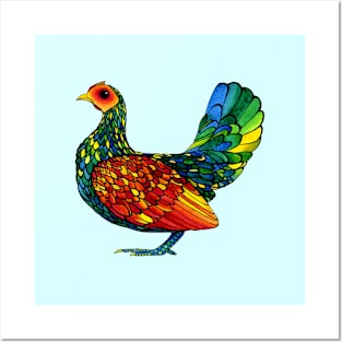 Stained Glass Chicken in Watercolor and Ink Posters and Art